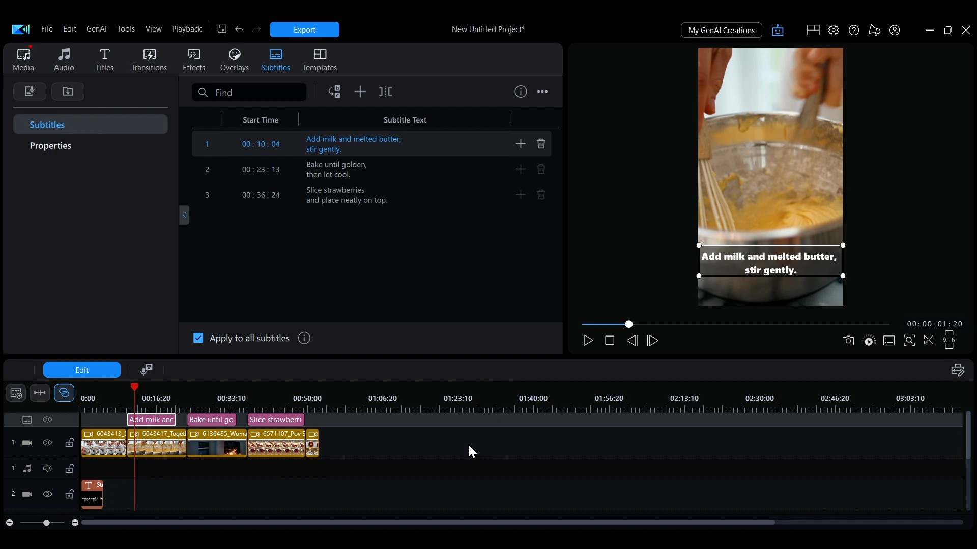 The subtitle list in PowerDirector with several lines of text and their start times.
