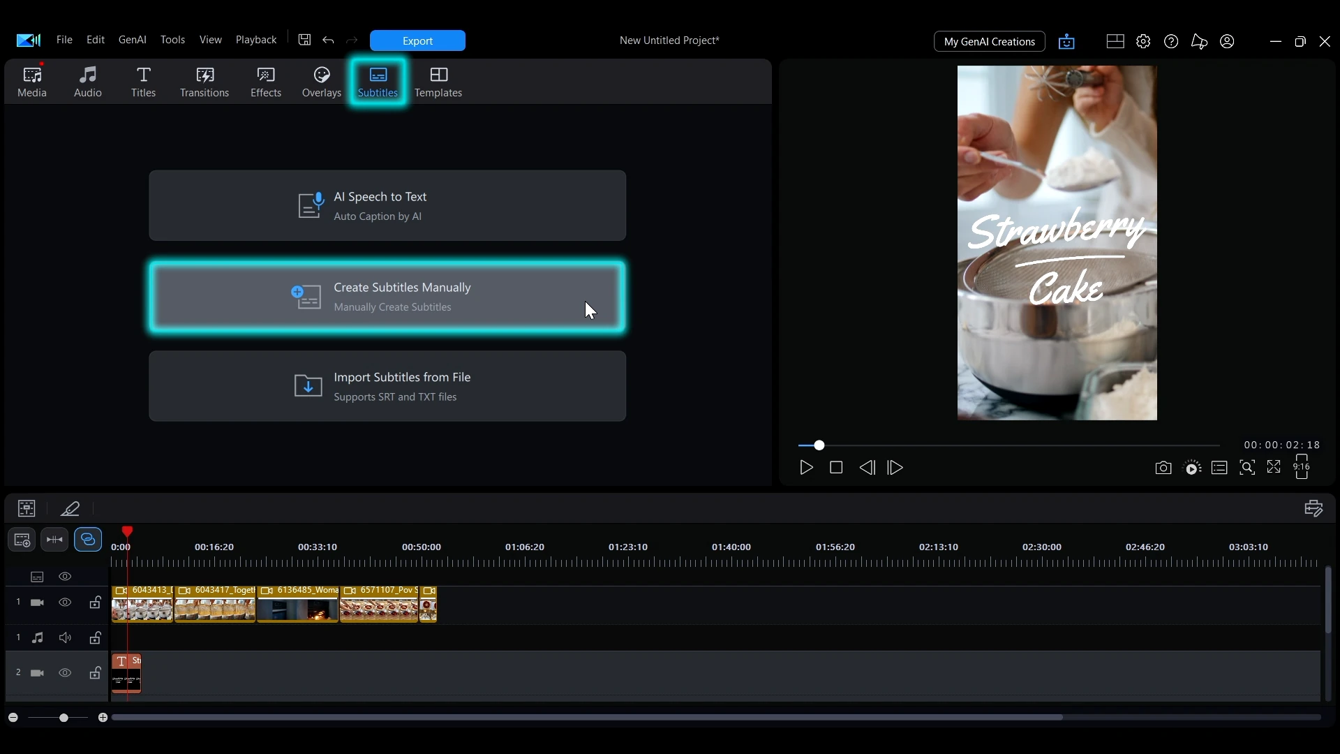 The Subtitles menu in PowerDirector with Create Subtitles Manually highlighted, above AI Speech to Text and Import Subtitles from File.