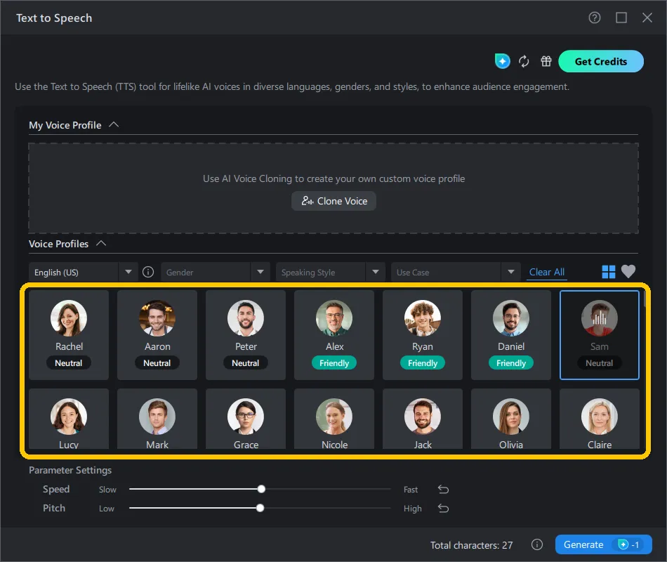 The Voice Profiles grid in the PowerDirector Text to Speech window, each card showing a name and its speaking style.