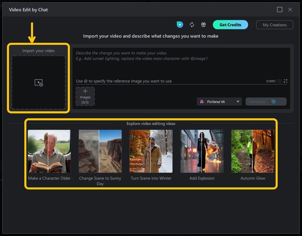 The Video Edit by Chat window with the Import your video drop area highlighted on the left and the Explore video editing ideas row highlighted along the bottom