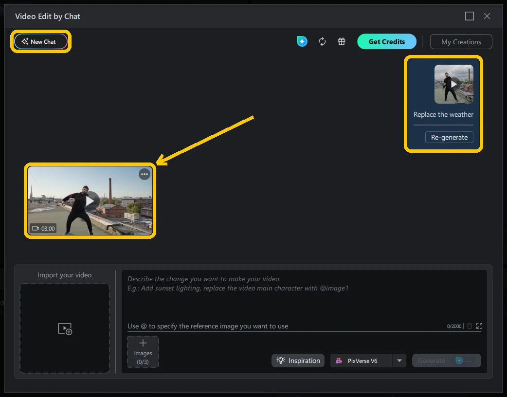The conversation view with the returned clip highlighted on the left, the request card holding the original clip and the Re-generate button highlighted on the right, and the New Chat button highlighted at the top left