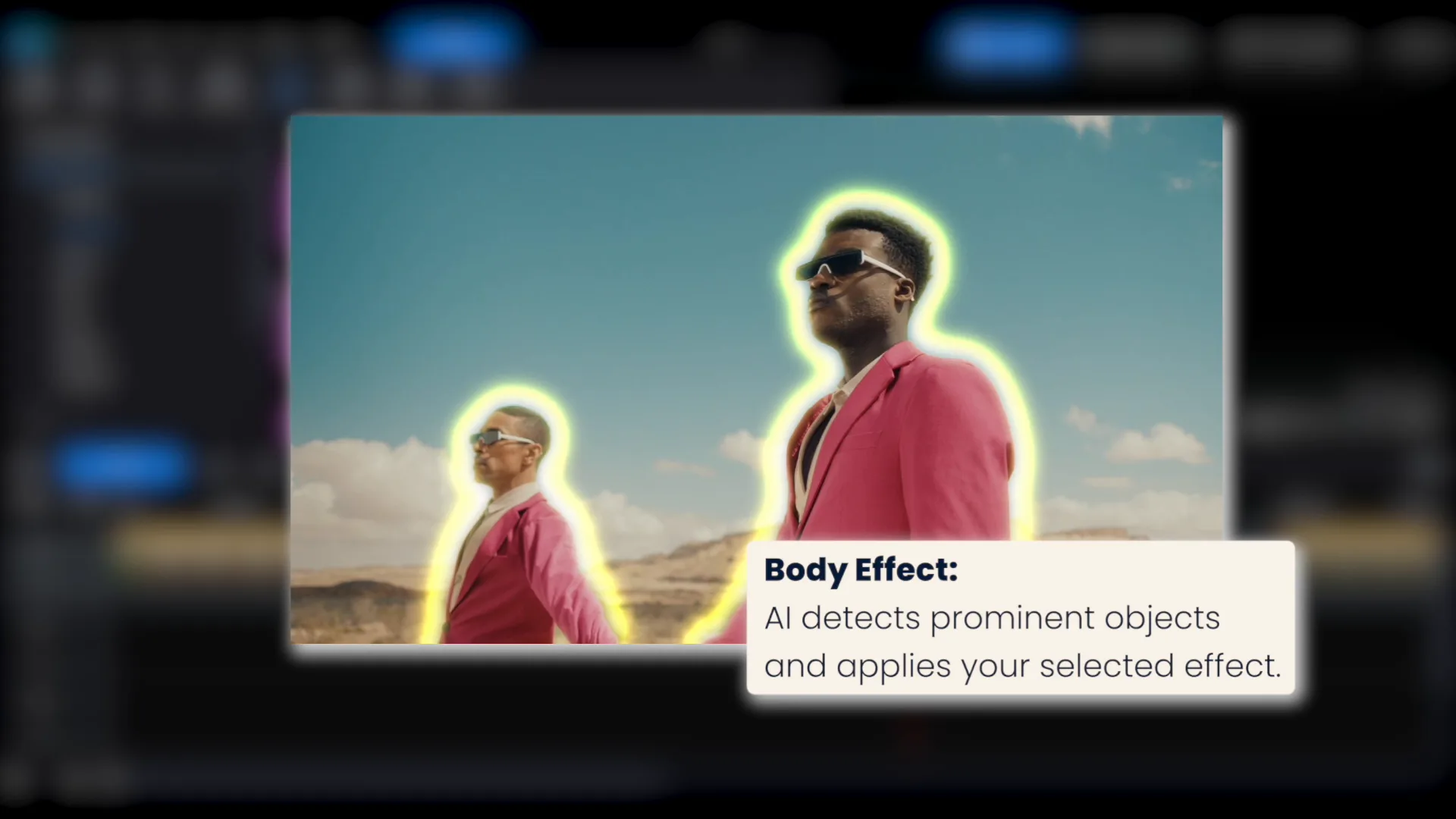 A body effect applied in PowerDirector, outlining both people in the frame with a glow.