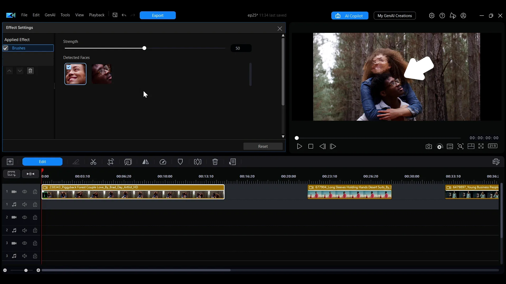 The Effect Settings panel in PowerDirector showing a Strength slider and a Detected Faces row with two face thumbnails, with one face unticked and left unblurred in the preview.