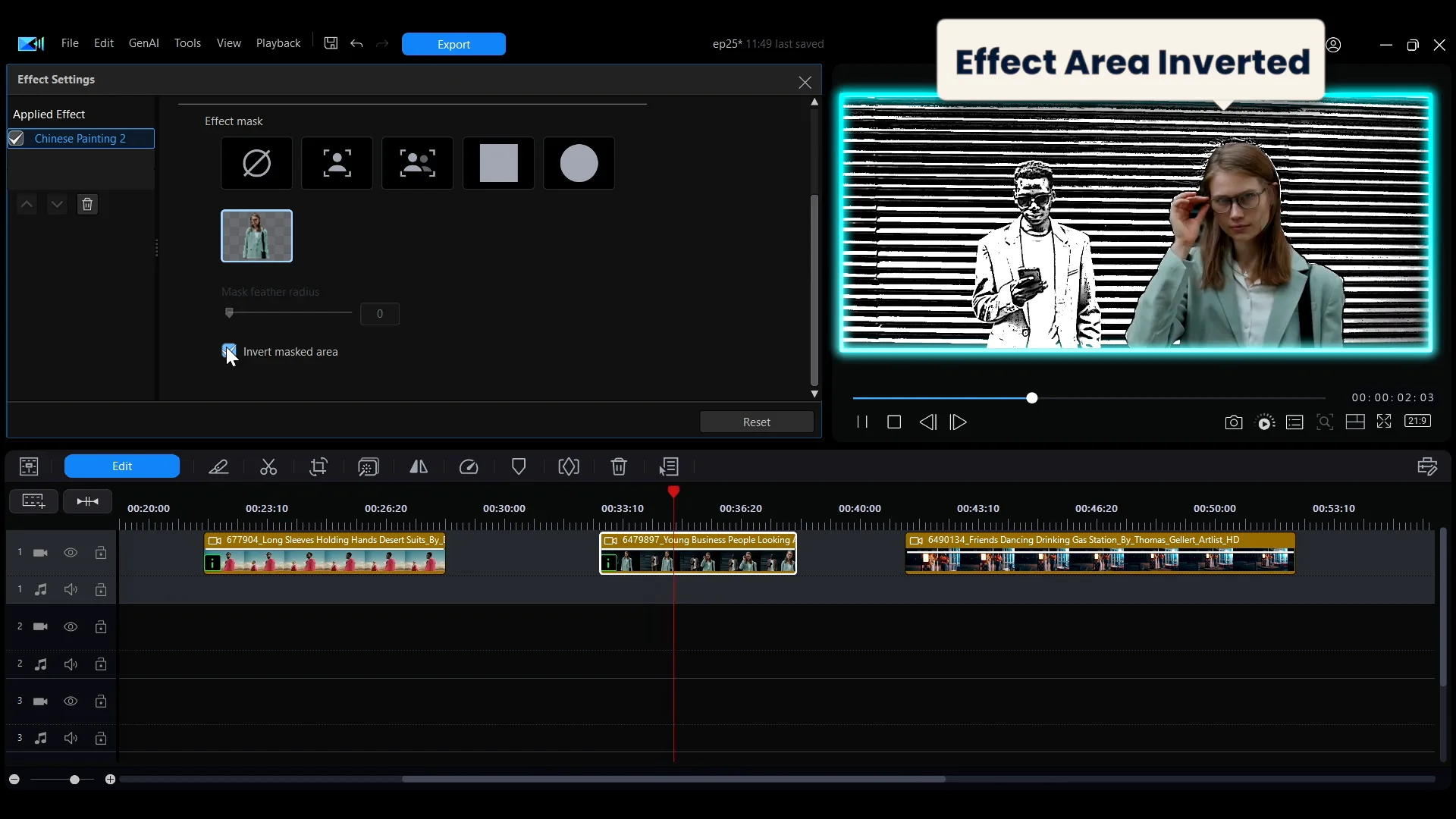 A style effect in PowerDirector applied to everything except the two people in the frame, with the Invert masked area checkbox ticked.