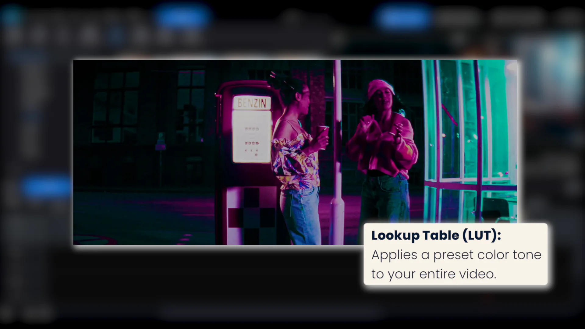 A LUT applied to a night scene in PowerDirector, shifting the whole frame to a magenta and teal color tone.