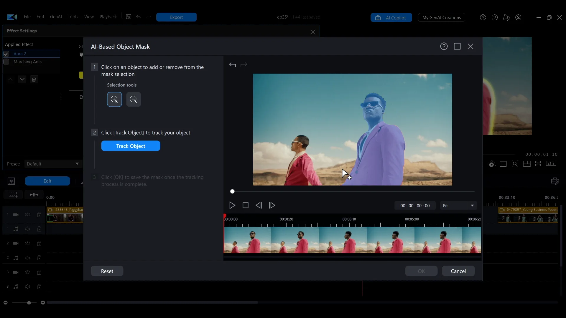 The AI-Based Object Mask window in PowerDirector with a subject covered in a blue mask overlay and the Track Object button.