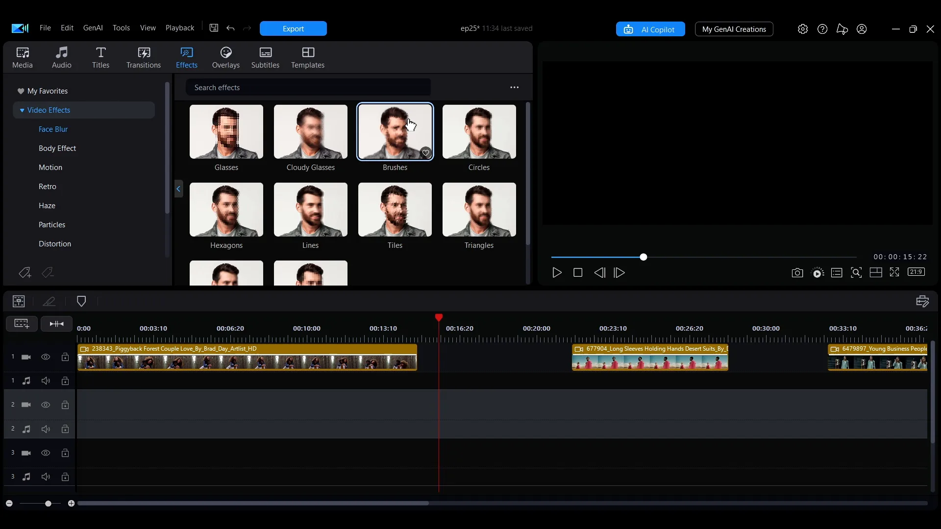 The Effects tab in PowerDirector with the Video Effects categories listed in the sidebar and a grid of face blur styles.