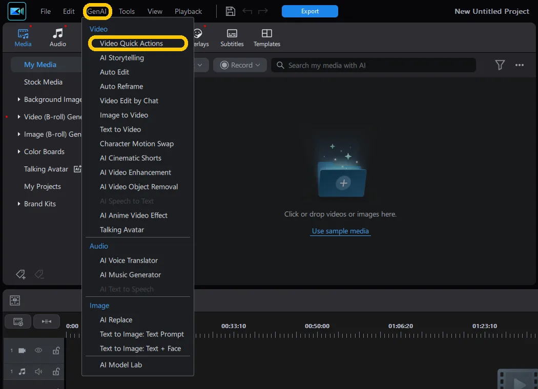 The GenAI menu open in PowerDirector, with Video Quick Actions highlighted at the top of the Video section.
