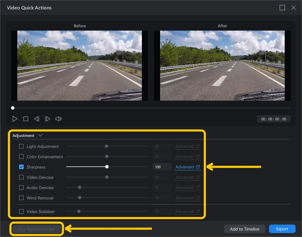 Video Quick Actions window with the Adjustment list highlighted, Sharpness ticked and its slider at maximum, and the Use Recommended button highlighted