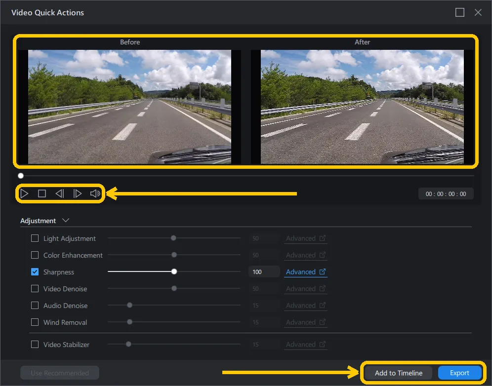 Video Quick Actions window with the Before and After preview panes highlighted, the playback controls highlighted, and the Add to Timeline and Export buttons highlighted