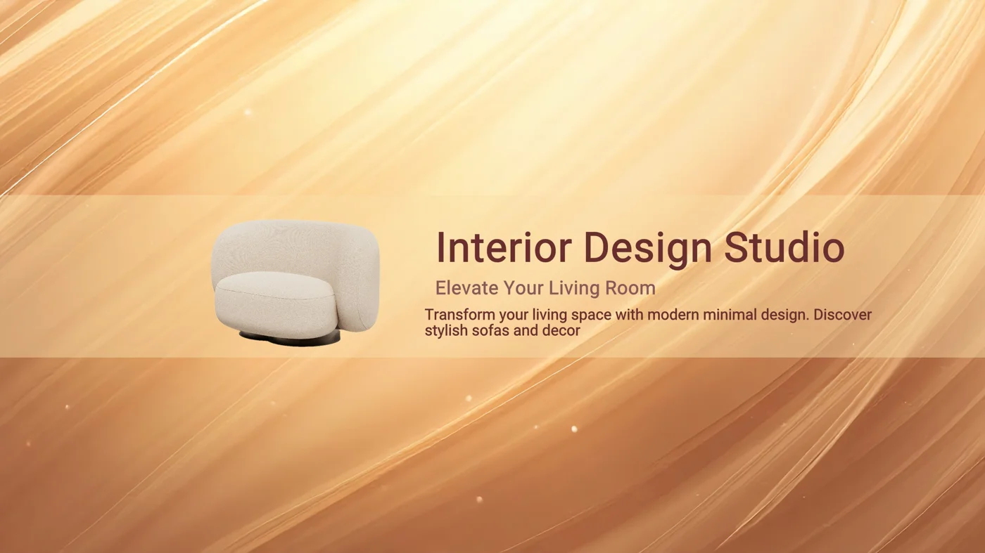 Finished amber campaign banner reading Interior Design Studio, Elevate Your Living Room, with the chair cut out onto the background