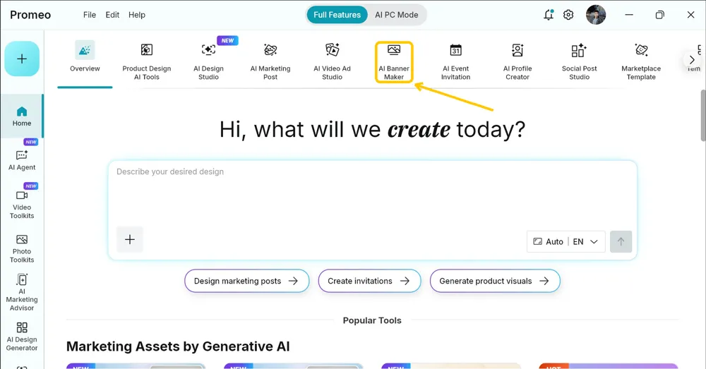 Promeo Home screen with the AI Banner Maker item in the top tool row highlighted