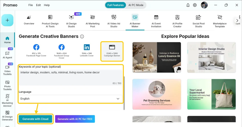 Aspect ratio row with the 2240 x 1260 Campaign Banner tile selected, the keywords field filled in, and the Generate with Cloud button highlighted