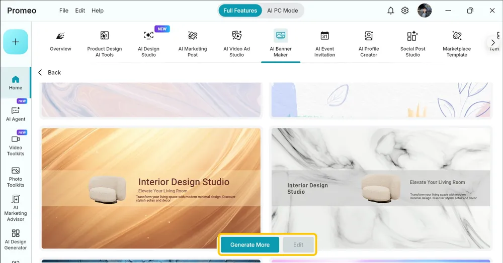 Page of generated banner designs with Generate More and Edit buttons highlighted on the hovered design