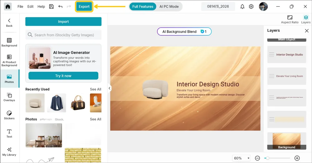 The banner open in Promeo's design editor with its text layers listed on the right and the Export button highlighted