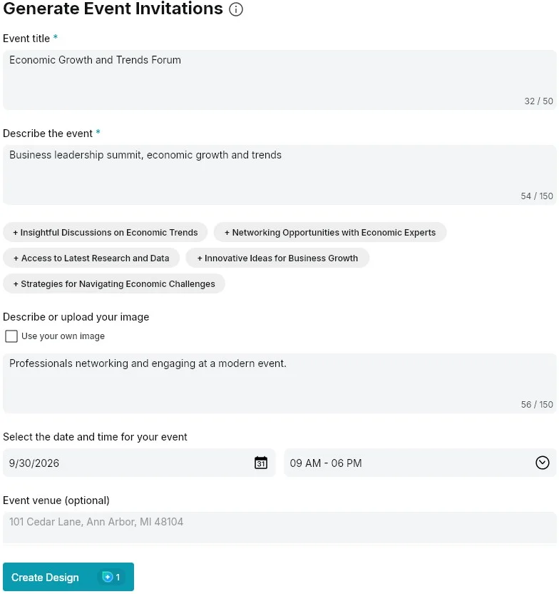 The event form filled in with the title Economic Growth and Trends Forum, a one-line description, an image description, and the date and time