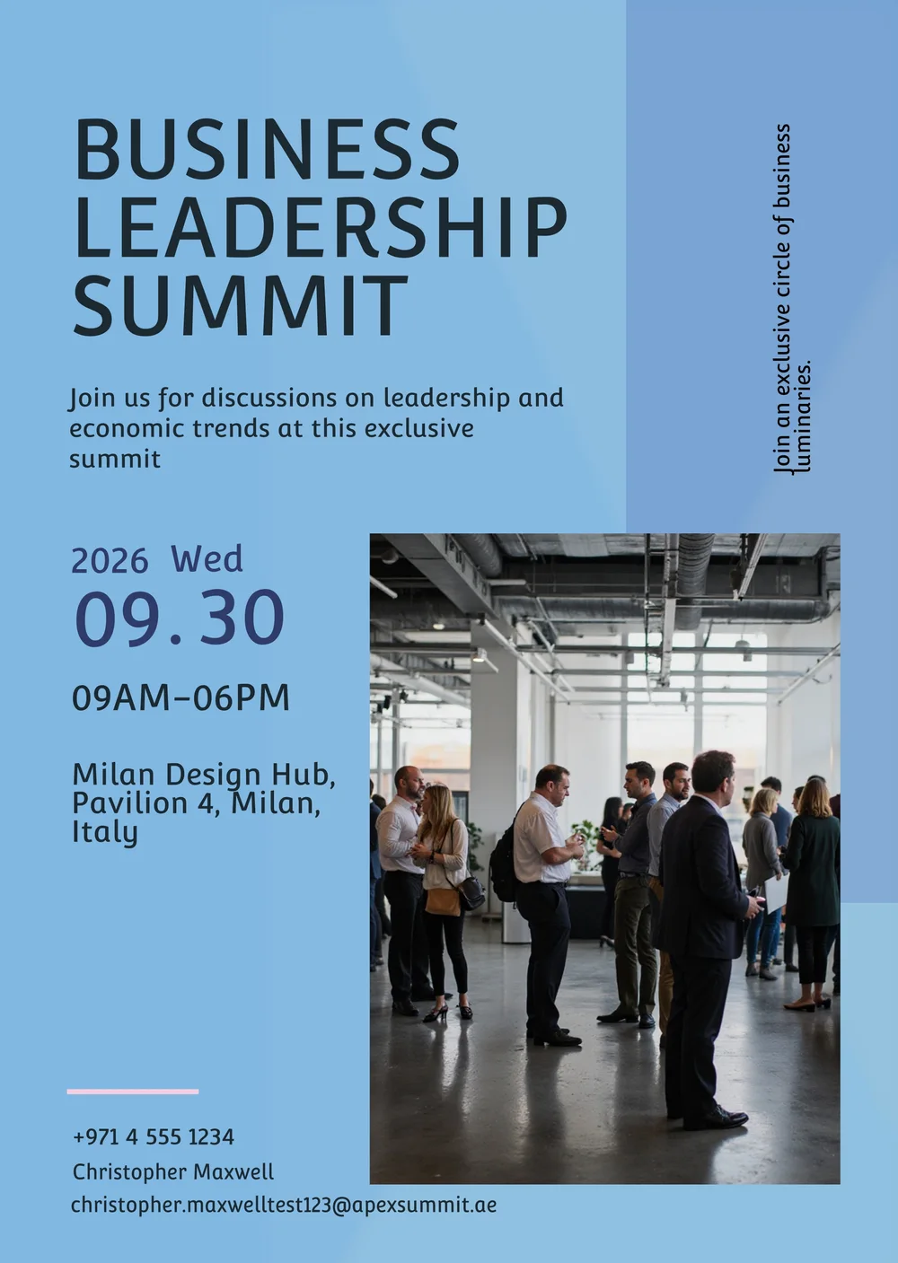 A blue invitation reading Business Leadership Summit, with the date 09.30, the hours, a venue and a photo of people networking