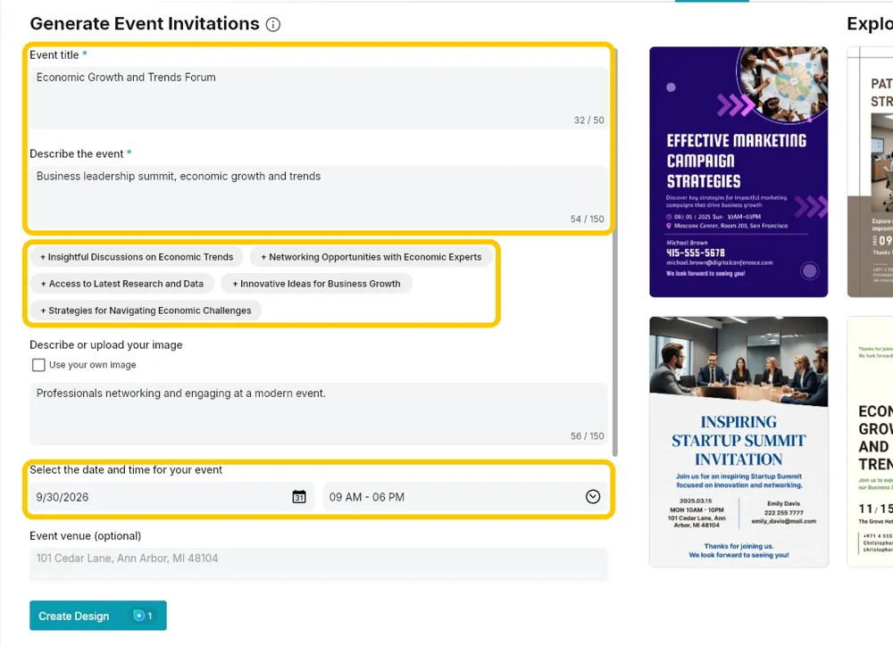 The Generate Event Invitations form with the title and description, the suggested talking points, and the date and time highlighted
