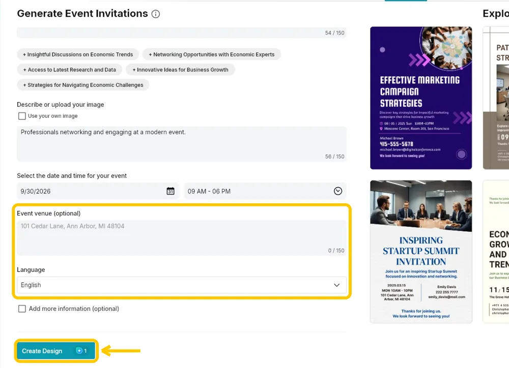The lower half of the form with Event venue and Language highlighted, and the Create Design button with its credit badge