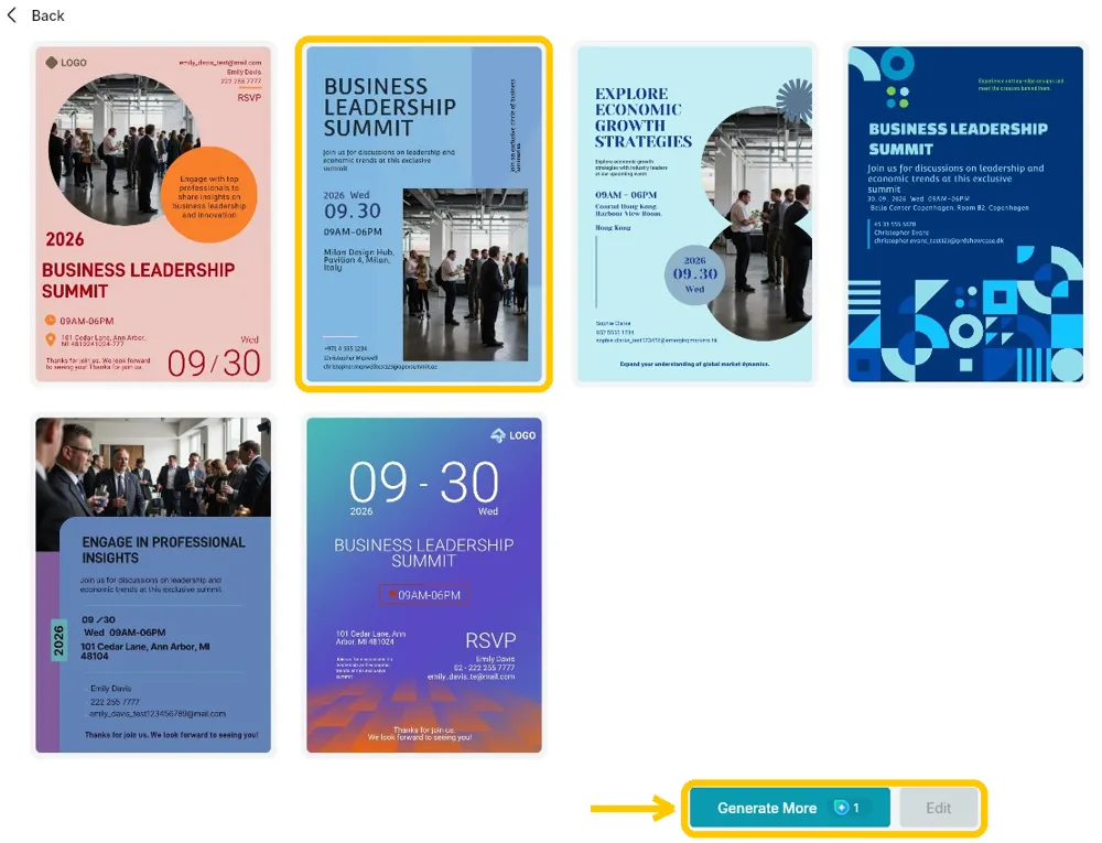 The generated invitation designs with the blue Business Leadership Summit design and the Generate More and Edit buttons highlighted