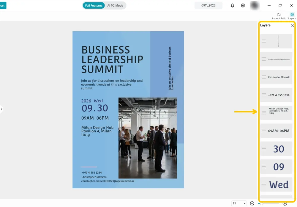 The invitation open in the editor with the Layers panel listing each text item highlighted