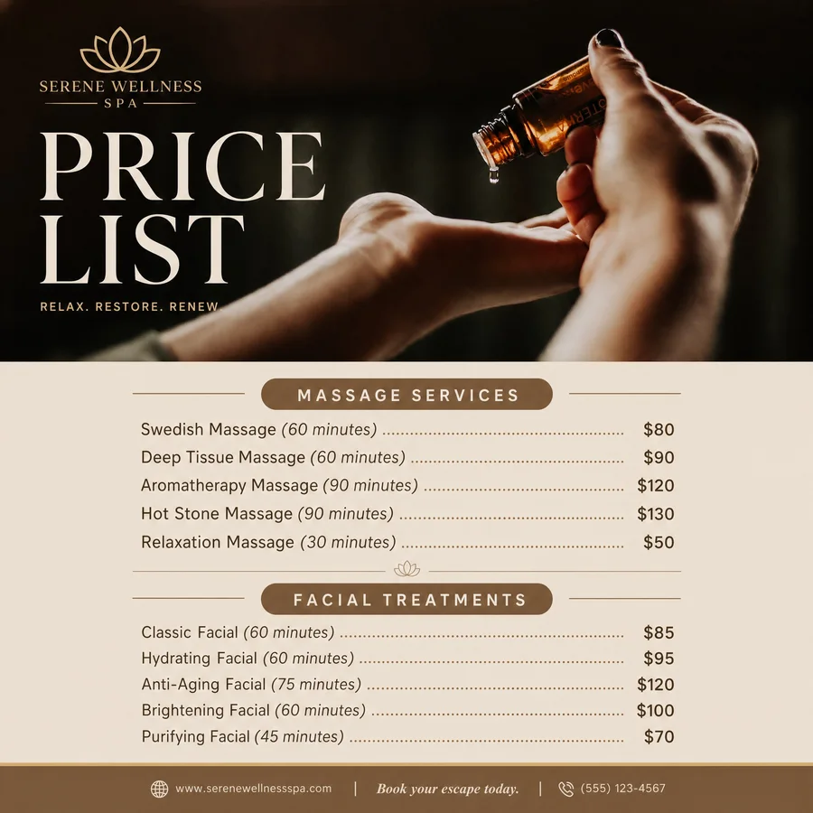 A finished spa price list poster built around that photograph, with headed sections and prices