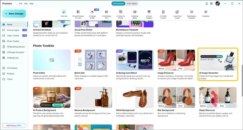 The Promeo home screen with the AI Image Generator card highlighted in the Photo Toolkits row