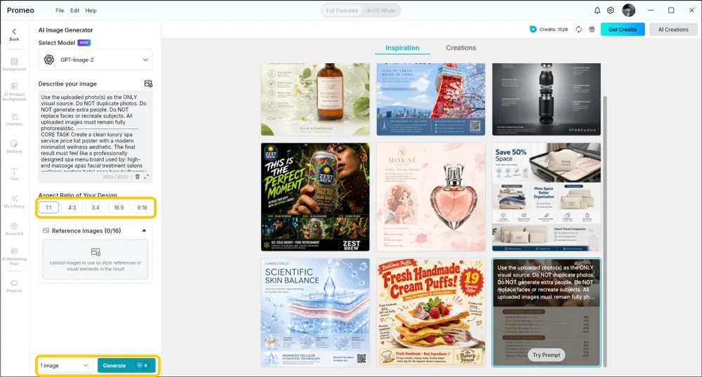 The aspect ratio buttons and the image count control beside the Generate button highlighted