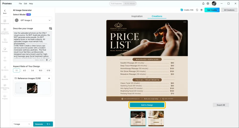 The Creations tab showing the generated poster with the Add to Design button highlighted