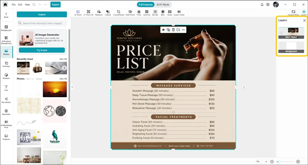 The generated poster open in the Promeo editor with the Layers panel highlighted