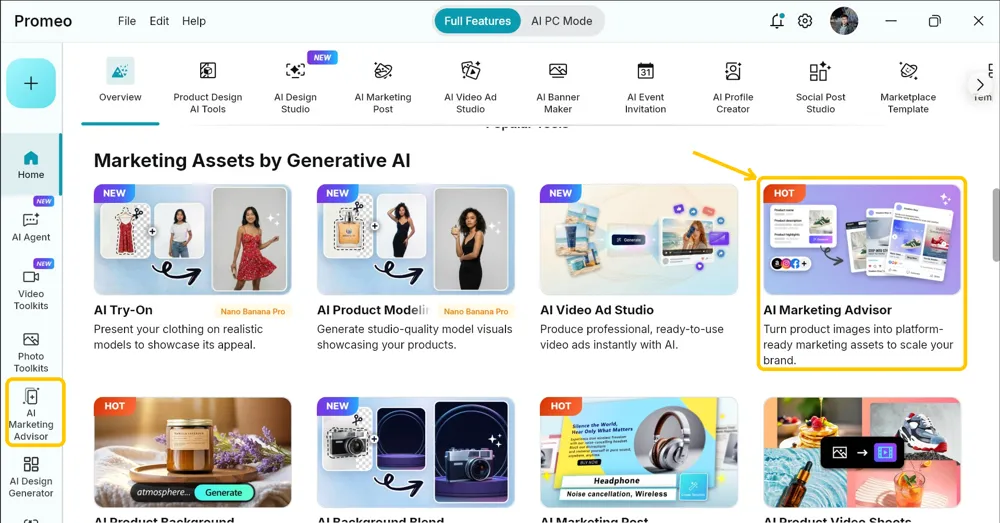 Promeo home screen with the AI Marketing Advisor card highlighted and the matching sidebar item