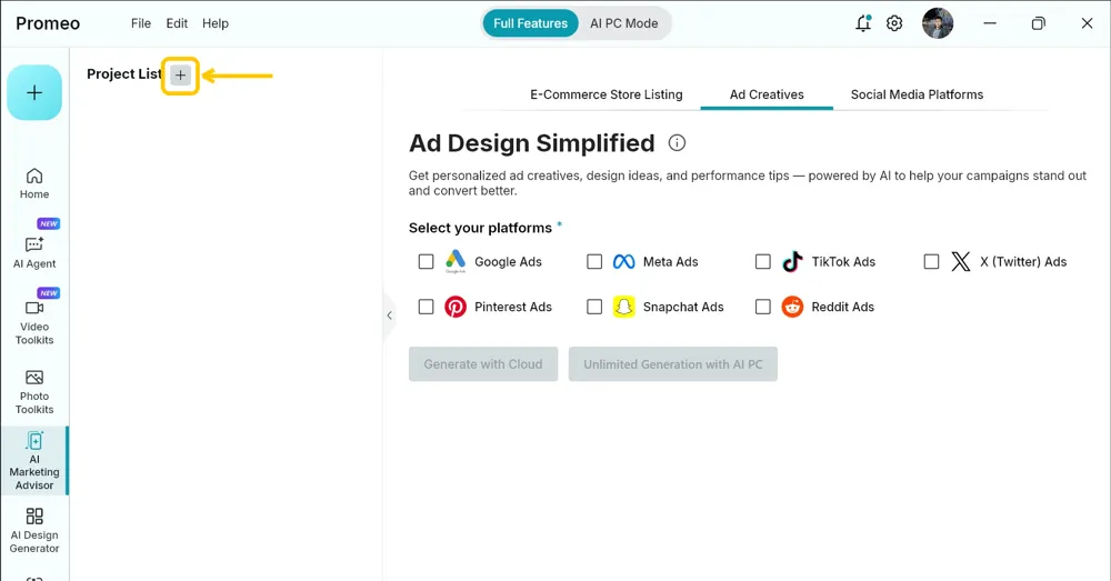 Empty AI Marketing Advisor project list with the add project button highlighted
