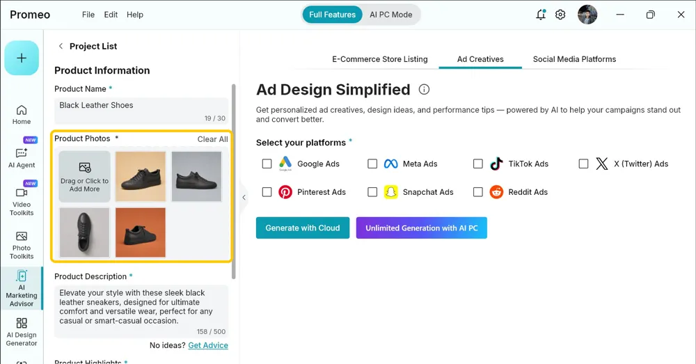 Product Information panel with the Product Photos area highlighted and five shoe photos added