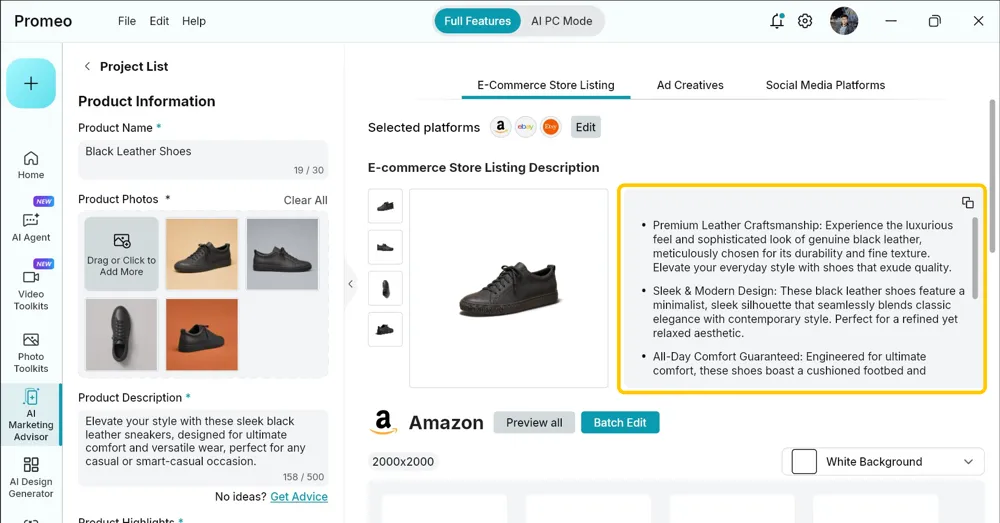 Generated Amazon listing description shown as benefit-led bullet points