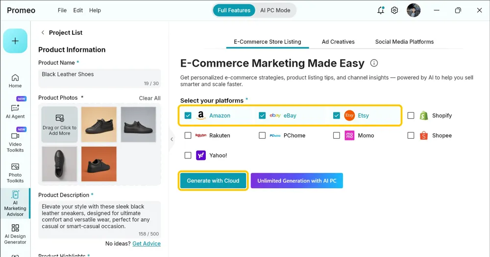 E-Commerce Store Listing tab with Amazon, eBay, and Etsy ticked and the Generate with Cloud button highlighted