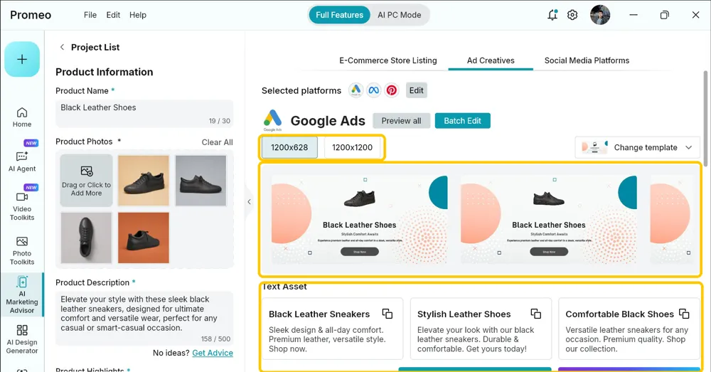 Generated Google Ads banners at 1200x628 with a Text Asset list of headlines and descriptions