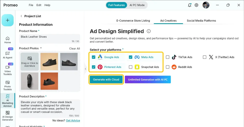 Ad Creatives tab with Google Ads, Meta Ads, and Pinterest Ads ticked and Generate with Cloud highlighted