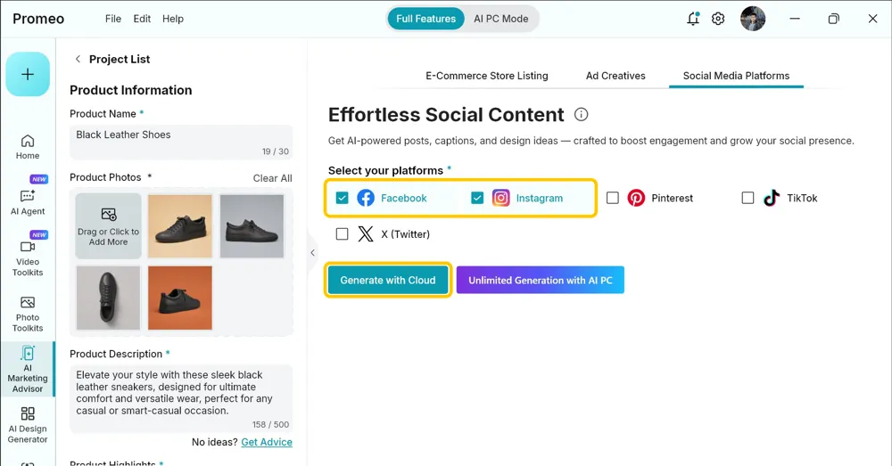 Social Media Platforms tab with Facebook and Instagram ticked and Generate with Cloud highlighted