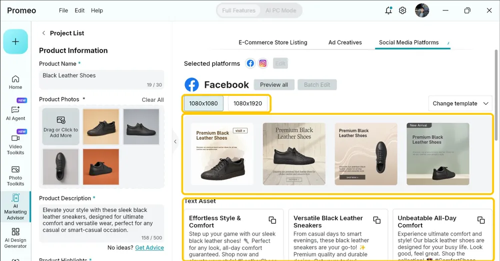 Generated Facebook post designs at 1080x1080 with matching captions in the Text Asset list