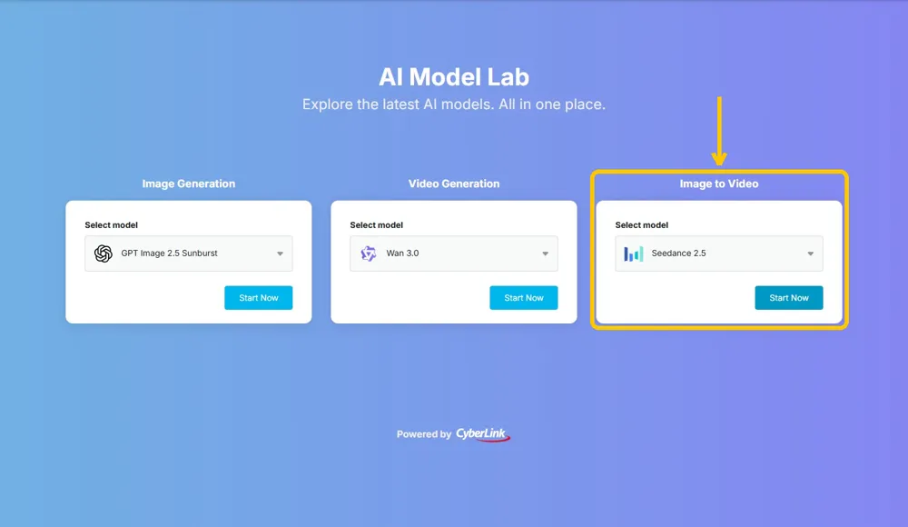 The web AI Model Lab page with the Image to Video section and its Start Now button highlighted