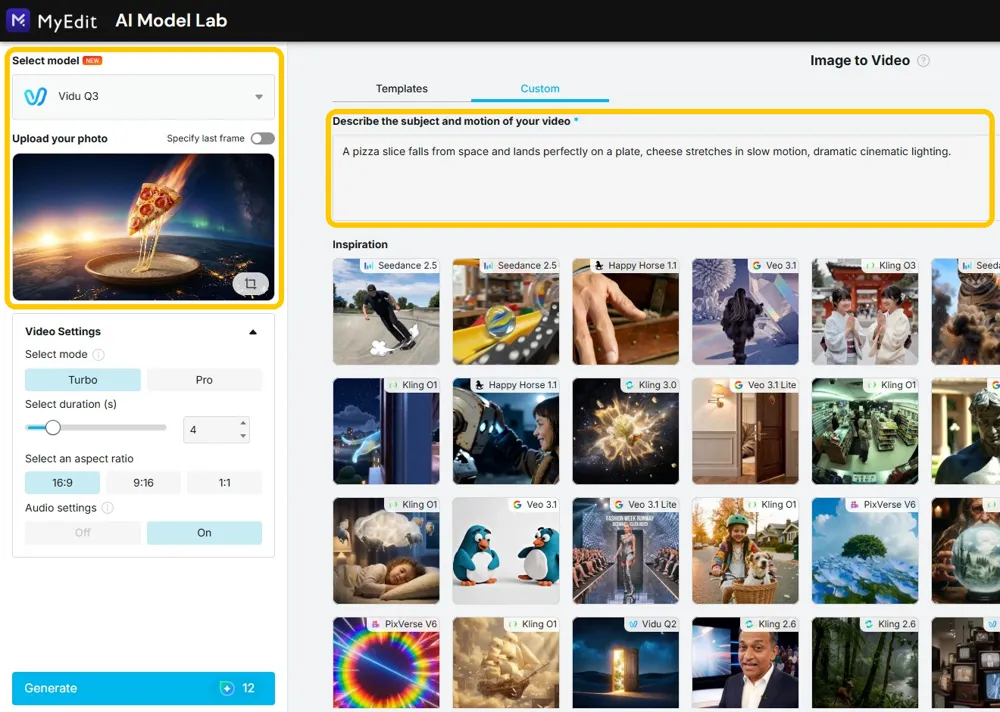 The Image to Video page with Select model and the uploaded pizza photo highlighted, and the motion description highlighted