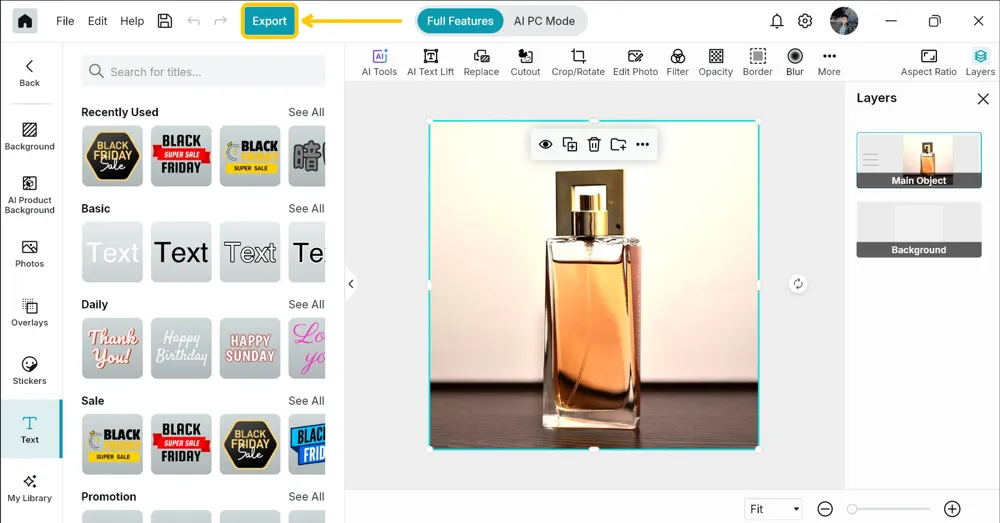 The relit perfume bottle back in Promeo's editor as an image layer, with the Export button highlighted