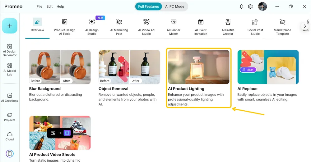 Promeo Home screen tool cards with the AI Product Lighting card highlighted