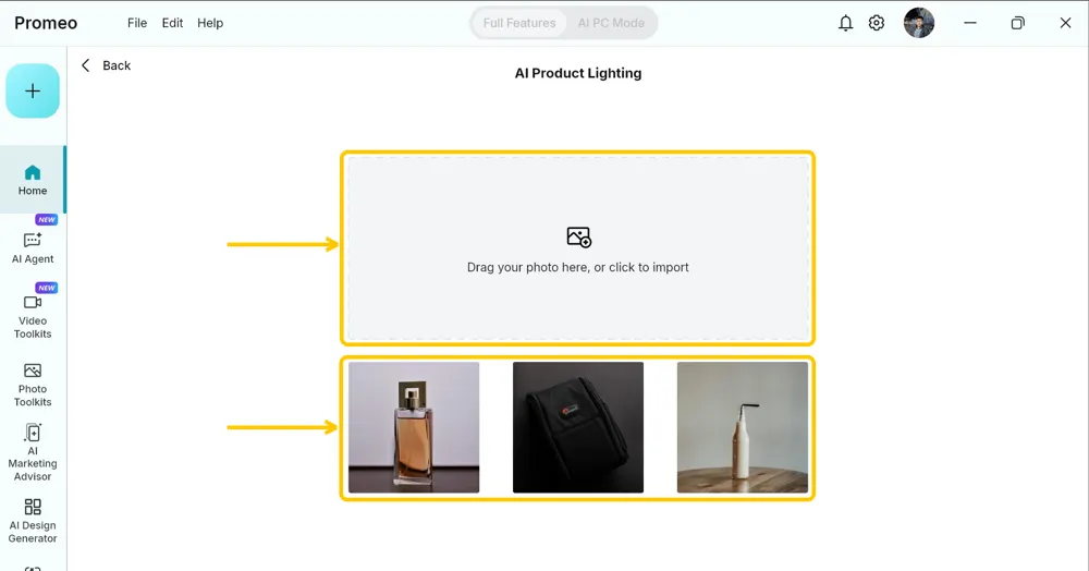 AI Product Lighting import screen with the drop area and the row of three sample photos highlighted