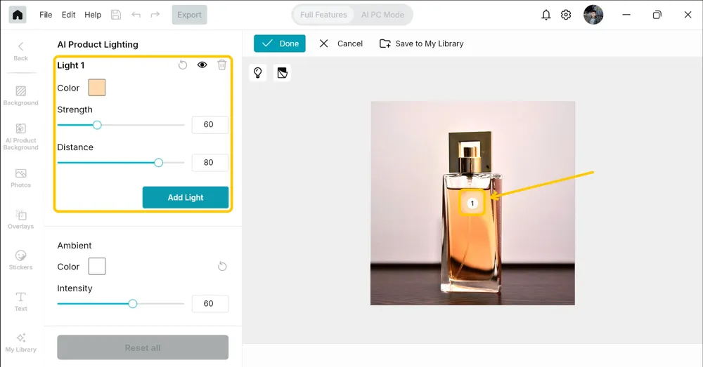 Light 1 panel showing Color, Strength 60, and Distance 80, with the numbered light marker sitting on the perfume bottle