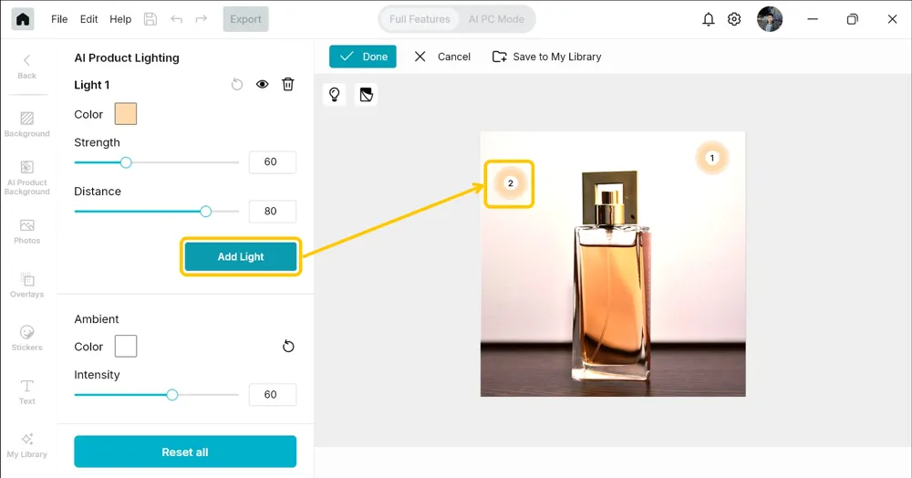 Add Light button highlighted, with a second numbered light marker now sitting to the left of the bottle