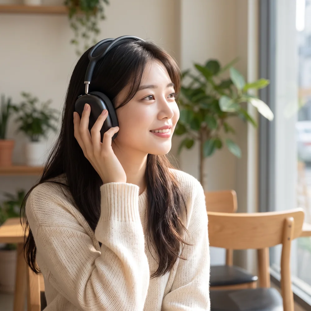 Generated photo of a woman in a cream sweater wearing the same black headphones in a bright room
