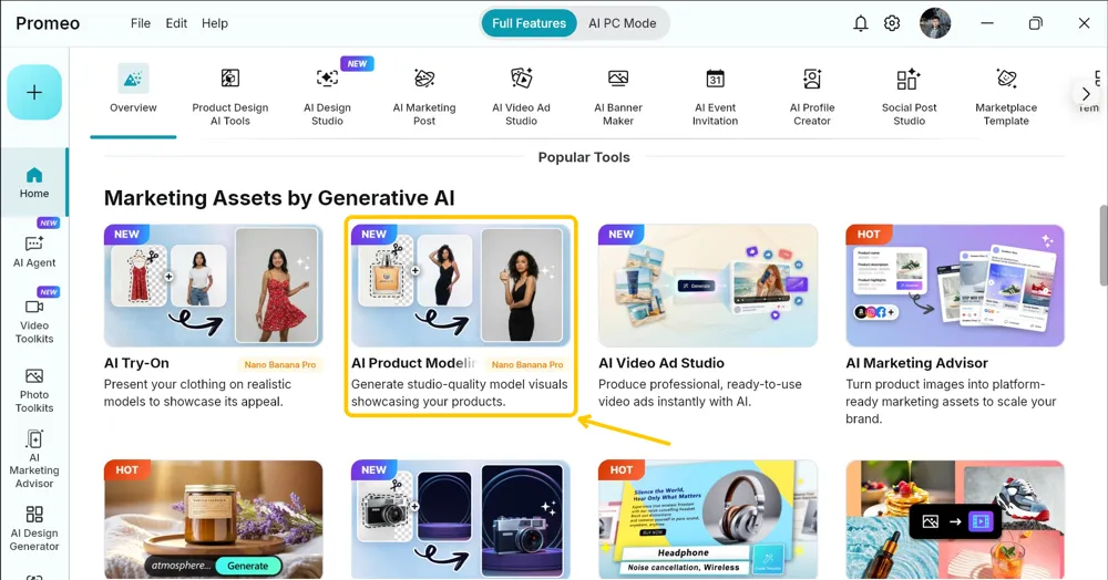 Promeo Home screen generative tool cards with the AI Product Modeling card highlighted