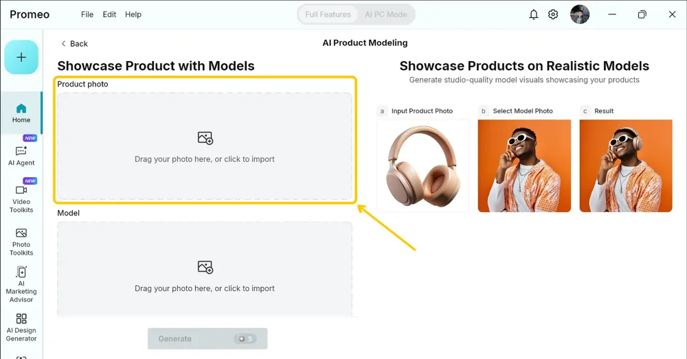 Showcase Product with Models screen with the Product photo import area highlighted
