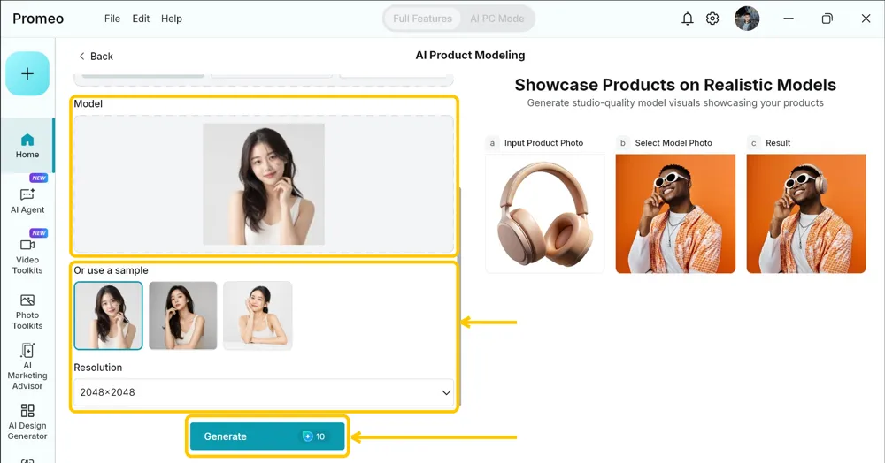 Model panel filled with the first sample model, the sample row and Resolution dropdown highlighted, and the Generate button highlighted